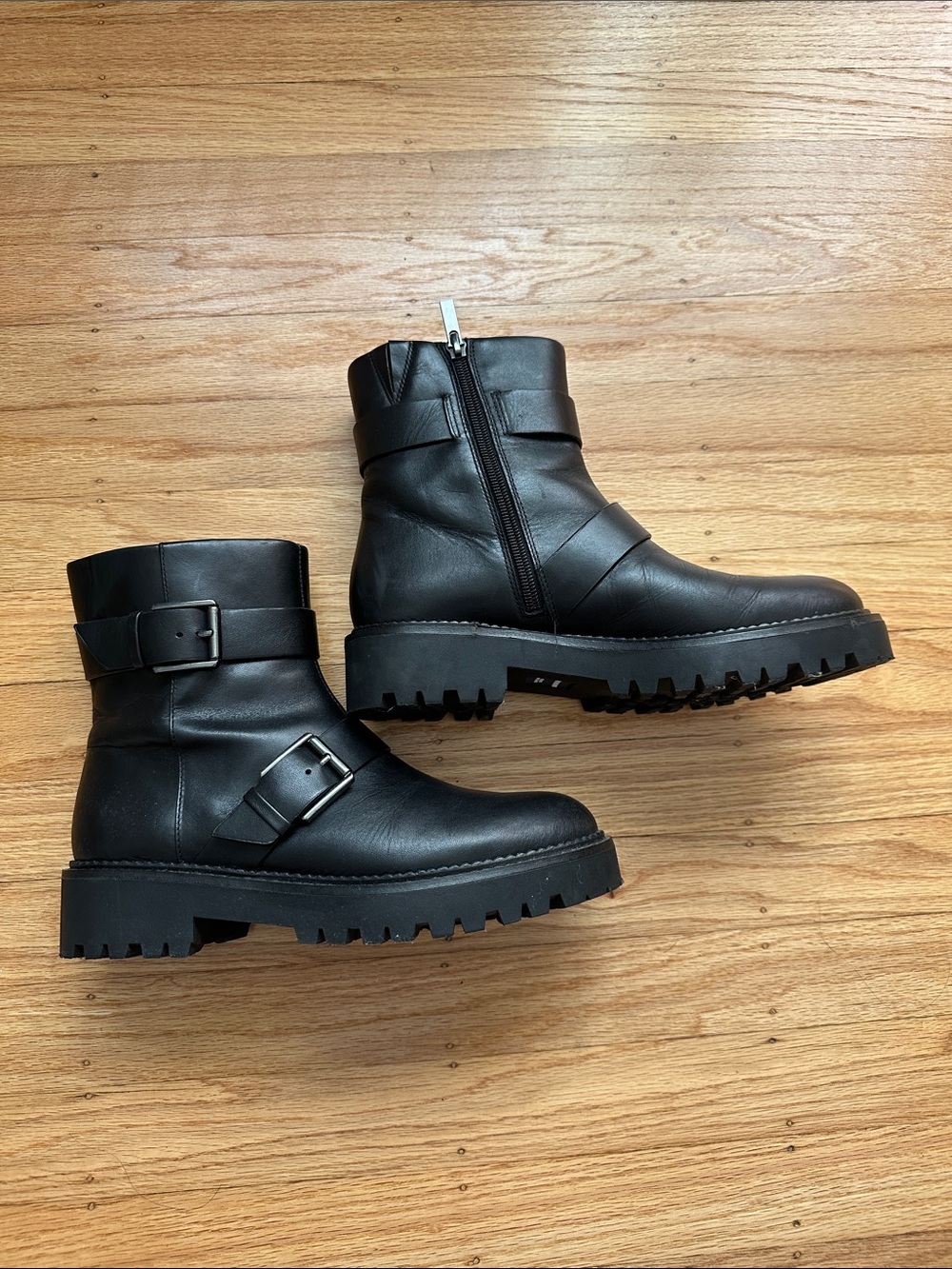 Nordstrom Black Leather Buckle Lug Boots - Women